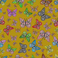 Seamless pattern with interesting doodles on colorfil background. © ielyzaveta