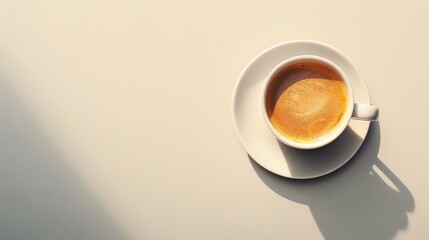 Top view of a coffee cup on a saucer. The coffee is steaming and there is a small amount of cream in it.