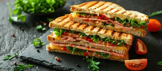 Fototapeta premium Sandwich Tasty sandwich with ham or bacon cheese tomatoes lettuce and grain bread Delicious club sandwich or school lunch breakfast or snack.