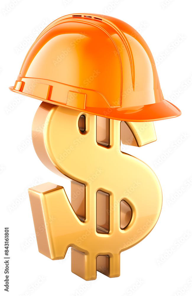 Poster dollar with orange construction hard hat, 3d rendering isolated on transparent background