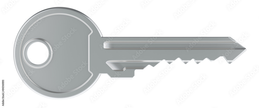 Poster one key, silver metallic. 3d rendering isolated on transparent background