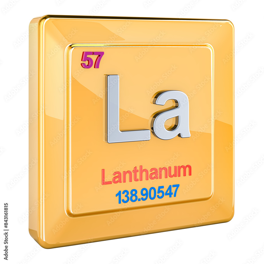 Poster lanthanum la, chemical element sign with number 57 in periodic table. 3d rendering isolated on trans