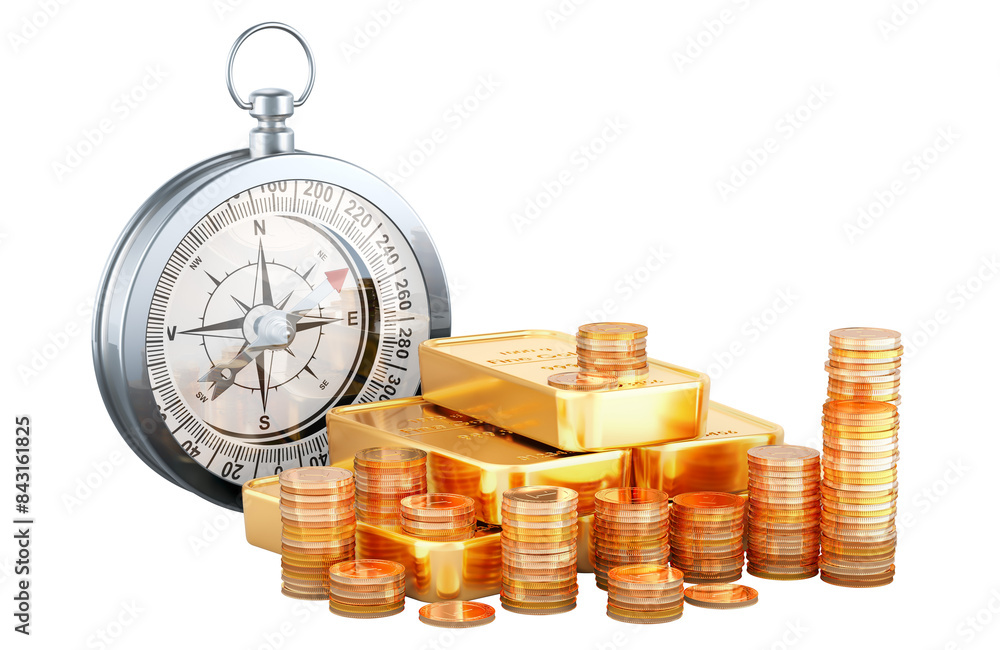 Aufkleber compass with gold ingots and golden coins. 3d rendering isolated on transparent background