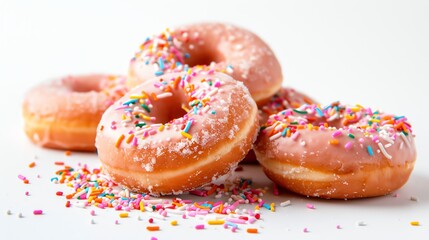 Four delicious donuts with pink icing and colorful sprinkles on a white background.