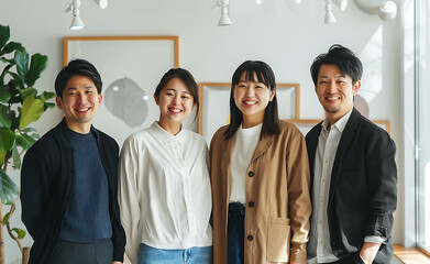 Obraz premium 5 Japanese office workers smiling posing photo modern interior design with white walls in the minimalist style with simple wall art on the back wall with natural light from the window in casual wear