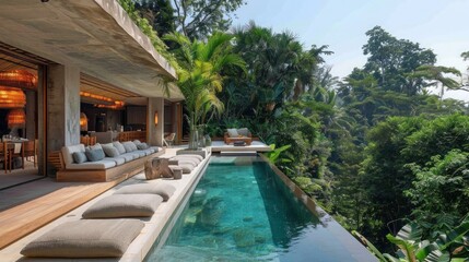Fototapeta premium Bali hotel outdoor lounge area with infinity pool with sustainable materials and panoramic views of the surrounding jungle