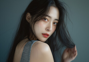 beautiful Chinese girl long hair delicate skin white background wearing gray sleeveless top style of clinic photography style half body closeup shot soft light side her hand her shoulder natural