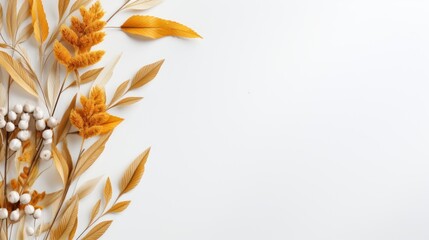A white background with a variety of autumn leaves and pine cones