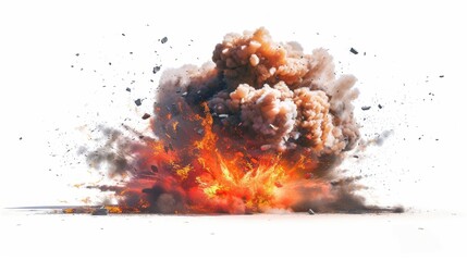 A fiery explosion with thick plumes of smoke and flying debris, showcasing the violent energy of the blast. The contrast between the bright flames and dark smoke creates a striking image.