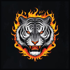 A fierce gray and white tiger with glowing eyes engulfed in vibrant orange flames on a black background