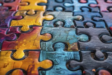 Solving business challenges with a jigsaw puzzle metaphor representing strategy and success, close-up, pieces fitting together, vibrant colors