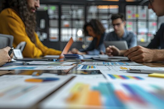 Technology-driven business meeting with a focus on digital innovation, close-up, screens and documents, diverse team, futuristic feel