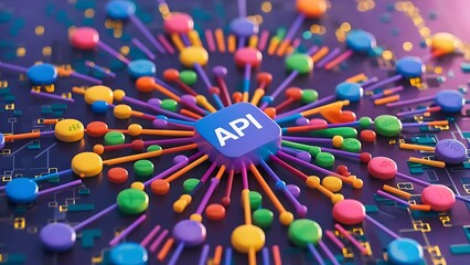 Interconnected nodes representing API integration and monitoring, secure and scalable gateway

