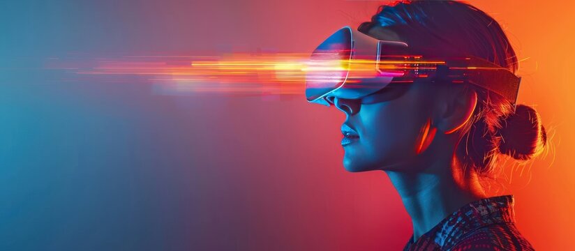 Woman is using virtual reality headset.