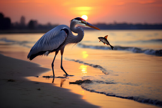 Great Blue Heron catching a fish on a Chesapeake Bay beach at sunset