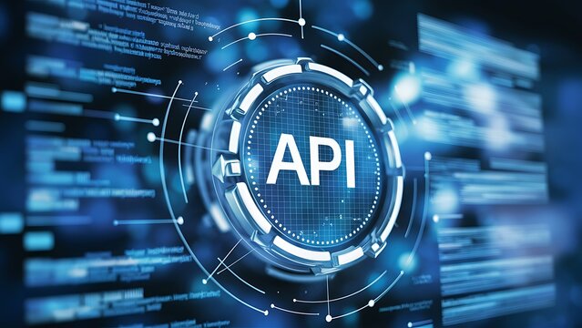 Futuristic API gateway interface with dynamic data streams, soft blur background


