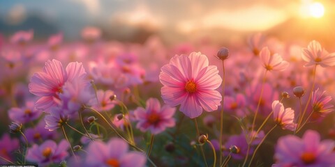 Serene field of cosmos flowers at sunrise, capturing the fresh beauty and vibrant colors of the early morning