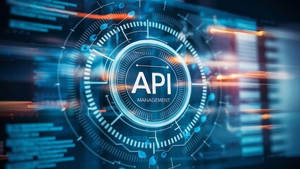 Obraz premium Futuristic API gateway interface with dynamic data streams, soft blur background