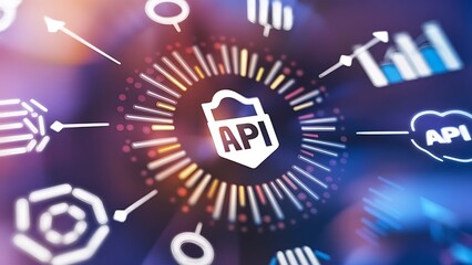 Central API gateway icon radiating security and scalability, integration platforms and monitoring tools in soft blur


