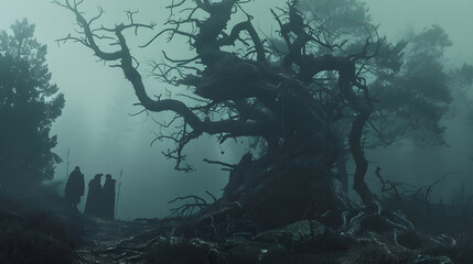 Ominous Roots: The Twisted Tree in the Foggy Forest