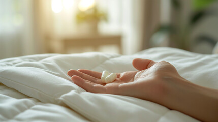 woman hand laying on hospital bed with pill in her hand