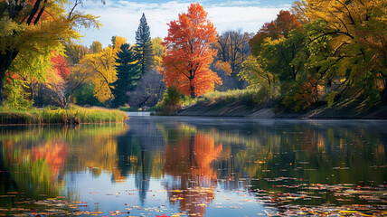 Autumn tree reflects vibrant colors in tranquil pond, AI Generative