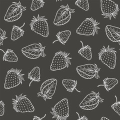 Strawberry seamless pattern, vector strawberries white line art illustration on dark grey background, hand drawn botanical outline illustration. Monochrome drawing. For background, packaging, textile