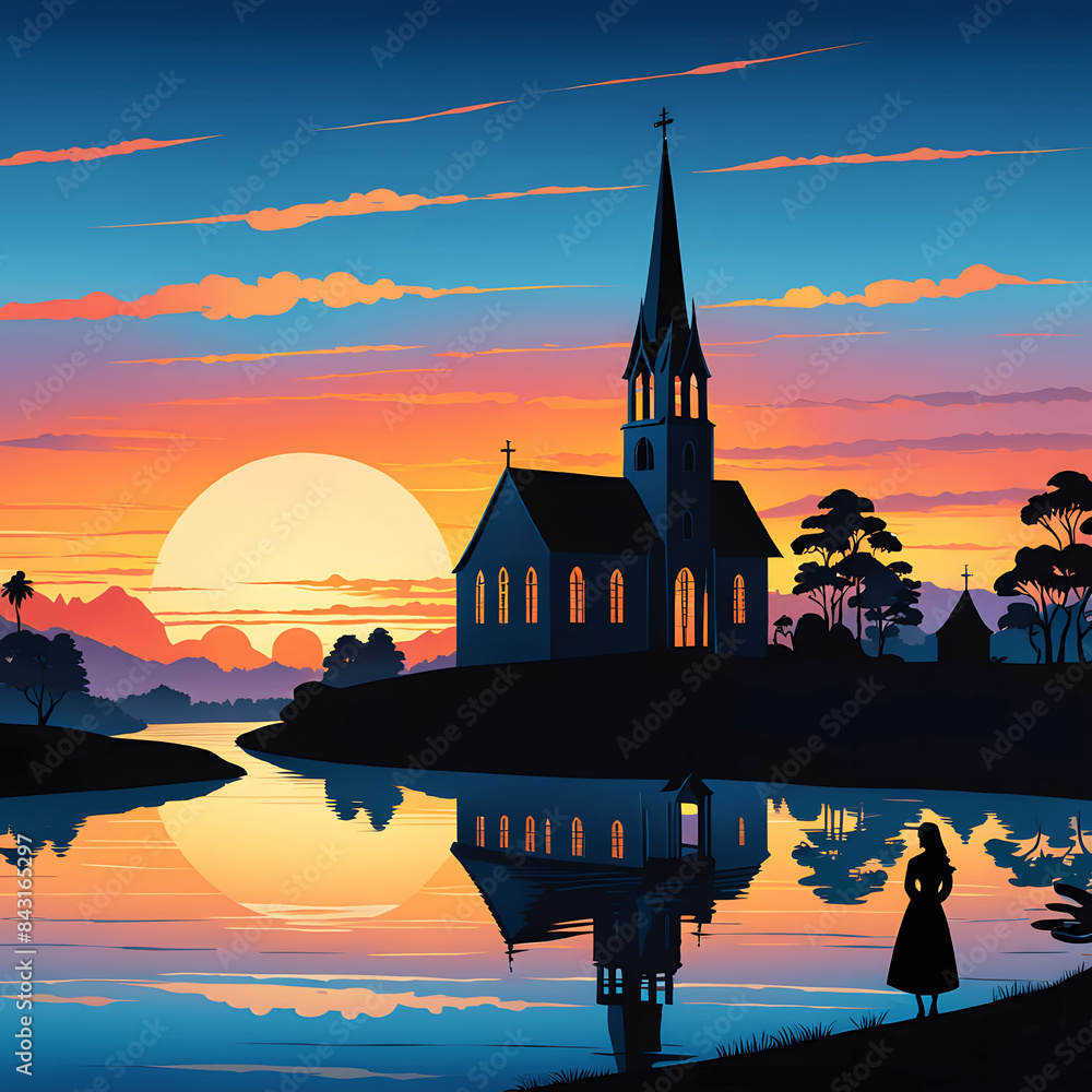 Wall mural Solemn Reflections Amidst Tranquil Waterside Chapel