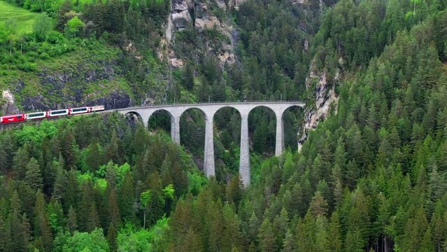 Landwasser viaduct in Switzerland mountain from drone