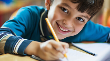 Portrait of a 7 year old boy enthusiastically writing in a notebook during a lesson in elementary school, the child looks at the camera, close-up, childhood concept
