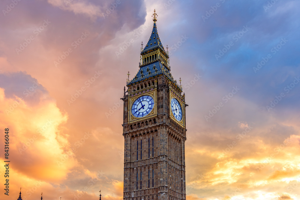 Sticker clock of big ben tower at sunset, london, uk