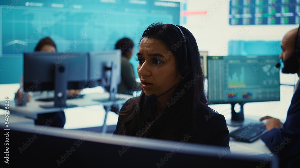 Poster business operators discussing with shareholders about key performance indicators, communicating heir