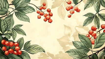 An illustration of a plant with red berries and green leaves on a beige background.