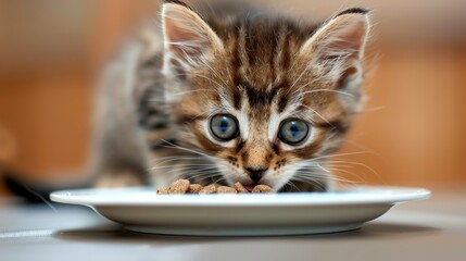 A cute tabby kitten is eating from a white plate. The kitten is looking up at the camera with big, round eyes.