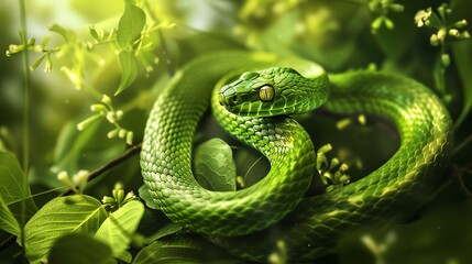 Fototapeta premium A green snake slithers through the lush foliage of a tropical rainforest.