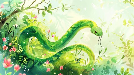 Obraz premium A green snake slithers through a lush, pink-flowered jungle. The snake is long and slender, with a bright red tongue.
