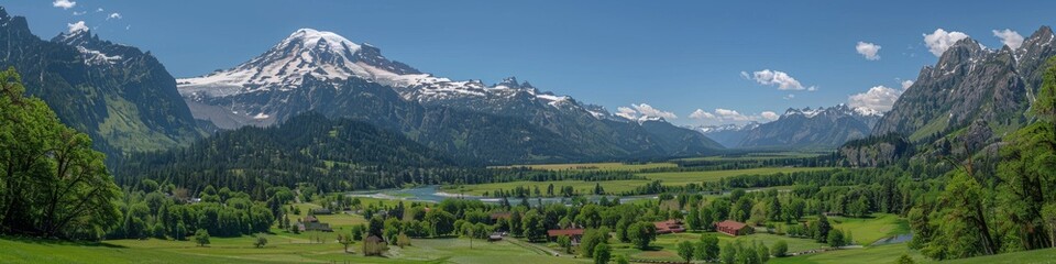 Fototapeta premium Scenic Alpine Valley with Snow-Capped Mountains, Serene Green Meadows, Blue Sky, and Quaint Village Amidst Majestic Natural Beauty in Switzerland