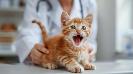 A veterinarian examines a ginger kitten in a white room. The kitten is sitting on a metal examination table.