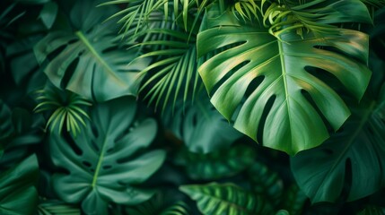 Fototapeta premium Detailed close-up of tropical leaves set against a dark background, highlighting the rich textures and lush greenery