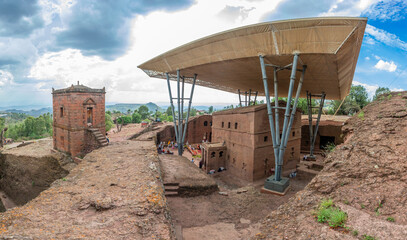 Rock hewn monolithic ortodox church of Bete Maryam under the cover shield, Lalibela, Amhara Region, Ethiopia.