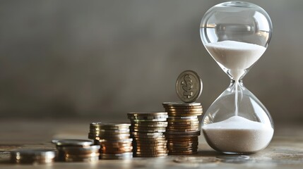 Coins stacked with hourglass and coin balancing on top. Time and money concept. Financial illustration for banner and poster