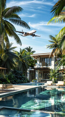 Fototapeta premium Modern luxury villa with a swimming pool with a plane flying above. A modern airplane flies over the villa. Transport concept.