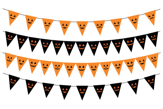 set of halloween buntings, triangular flags with scary faces, black and orange party decorations, vector decorative elements