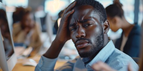 Obraz premium Stress headache, burnout, and overtime leave black man fatigued and overworked at night. Unhappy, overworked worker with hand on head, deadline worry, and time constraint