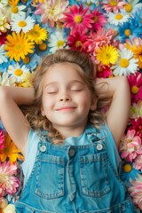 Smiling Girl Lying on Bed of Flowers