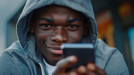 Fitness, black dude, phone Type city to search social media, internet, mobile app, sports blog, and fitness tech. Young athlete reads smartphone notification before workout