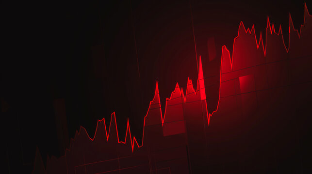 Dark background with bright red stock market chart. Digital screen with a red histogram showing the rise and fall of stocks. Concept of business, shares.