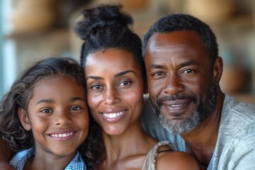 Happy smiling Black African American family of three. Portraits close up of Dad, mother and daughter. Family concept, Global, National Parents Day