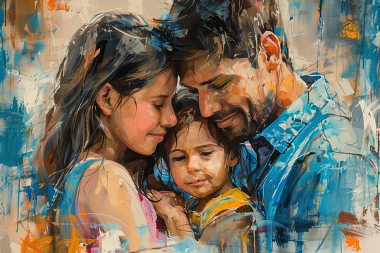 Happy caucasian parents and child. Dad and mom smile, closing eyes with happiness and hug child. Family concept. Global, National Parents Day - Powered by Adobe