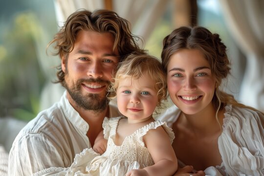 Family concept, Global, National Parents Day. Happy smiling caucasian family of three in white clothes on blurred background. Portrait of Dad, mother and daughter